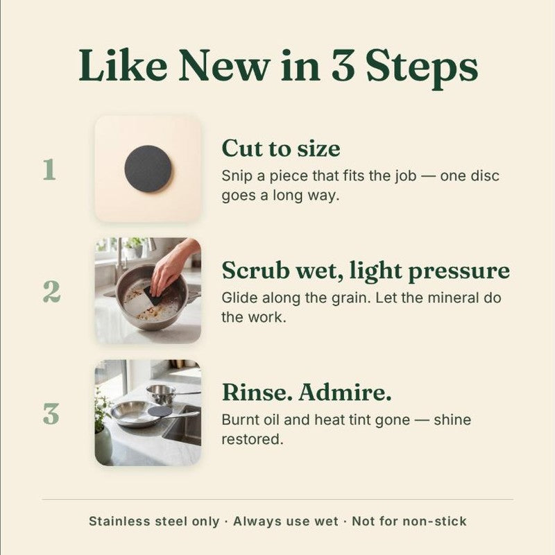 How to use Steelé in three steps: cut to size, scrub wet with light pressure, rinse