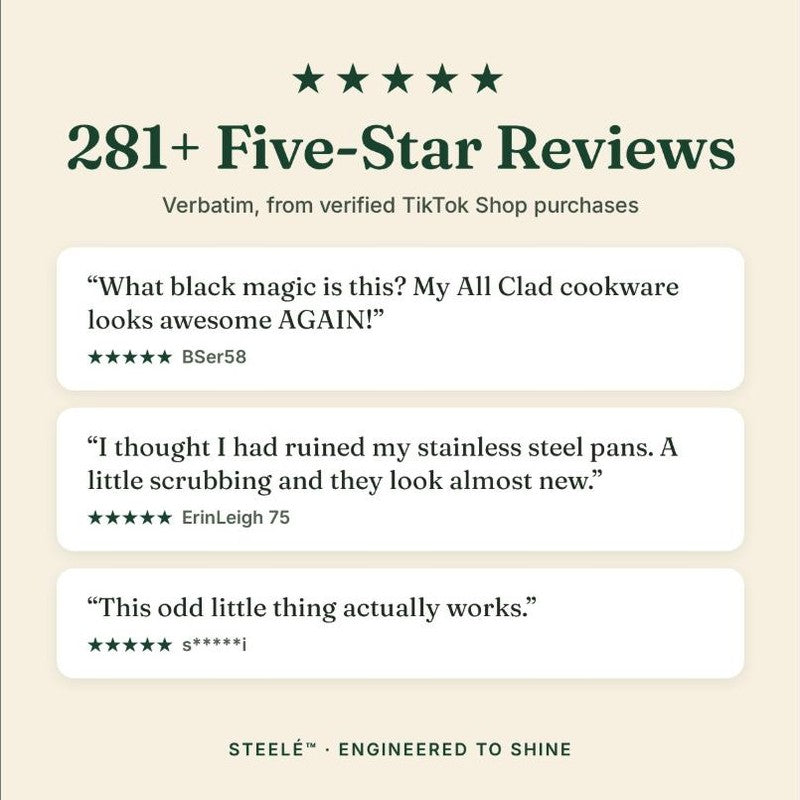 Three verified five-star customer reviews of the Steelé Sponge
