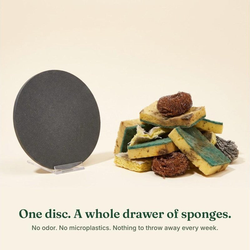 One Steelé disc standing beside a pile of worn-out kitchen sponges and steel wool