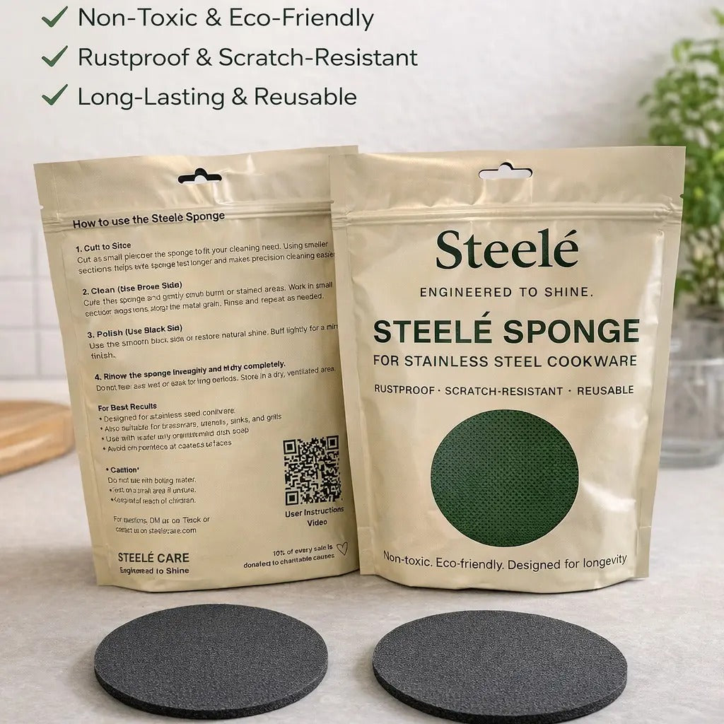 Two Steelé pouches on a kitchen counter with loose discs in front