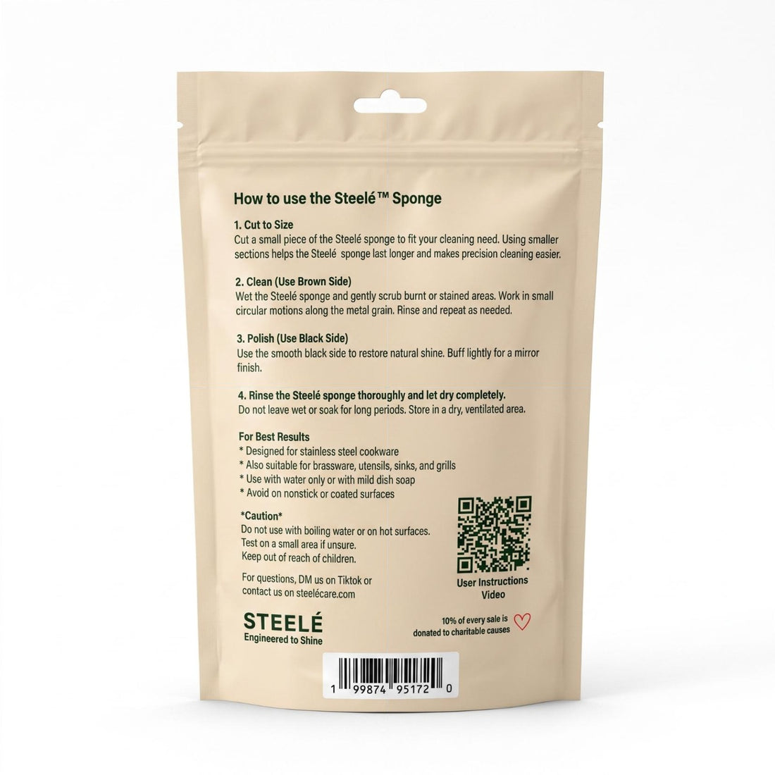 Back of the Steelé Sponge pouch with step-by-step use instructions
