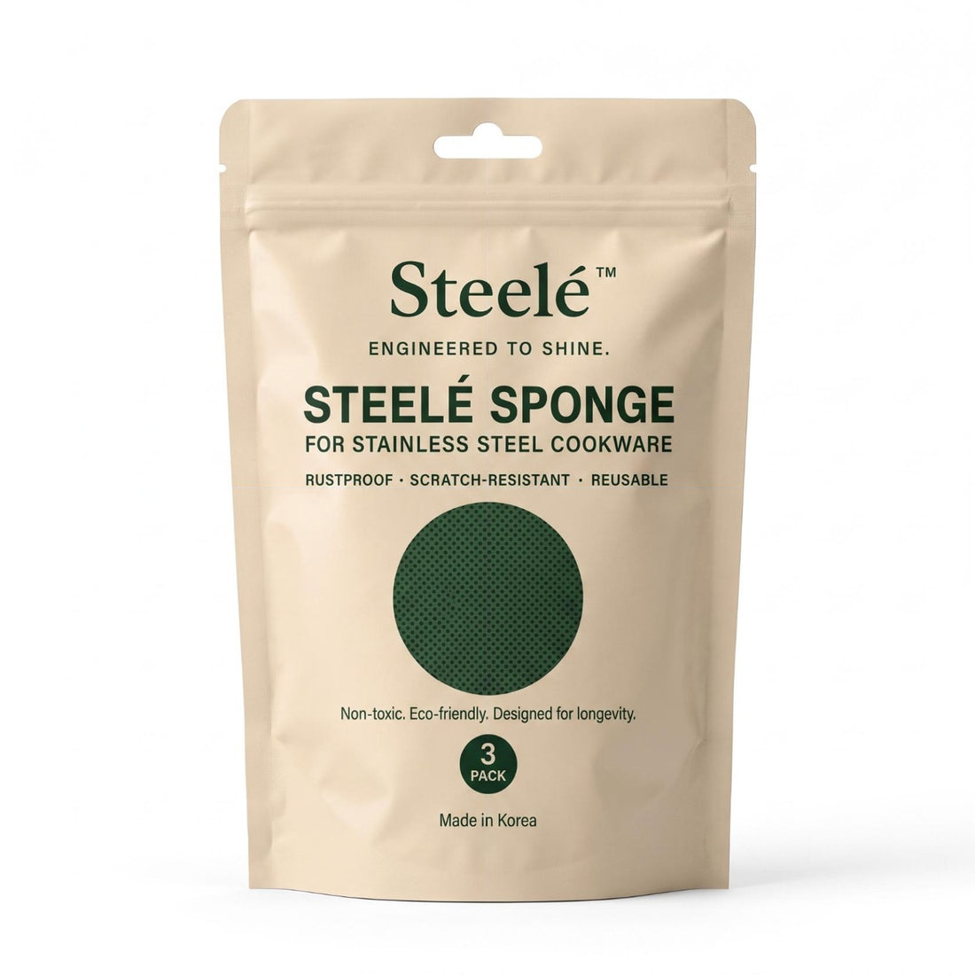 Steelé Sponge pouch, front of pack, 3-pack of mineral cleaning discs